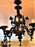 Classic Black Hand Blown  glass chandelier by Murano. The Chandelier is embellished by flowers, leav