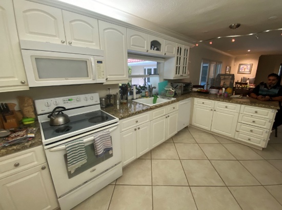 13' x 7' L-shaped White Kitchen With 12' Upper Cabinets With Crown Molding Above Granite Top - Inclu