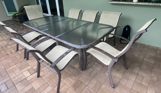 91" x 44" Outdoor Dining Table With (8) Sling Style Arm Chairs