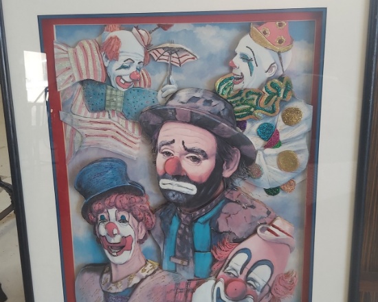 32" x 38" Artist Signed "Clowns" Raised Relief Wall Art