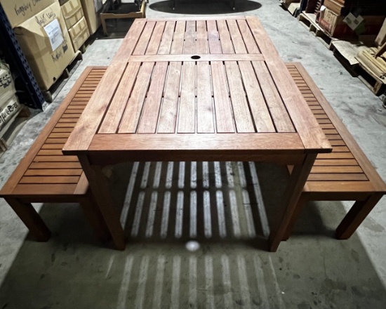 OUTDOOR 3 PIECE WOOD TABLE W/ BENCHES SET