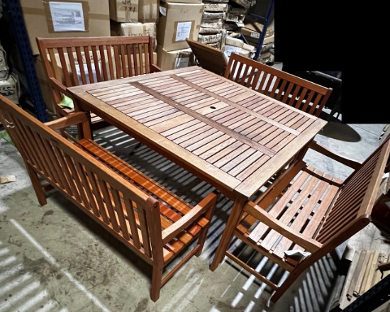 OUTDOOR 5 PIECE SOLID WOOD TABLE W/ BENCHES