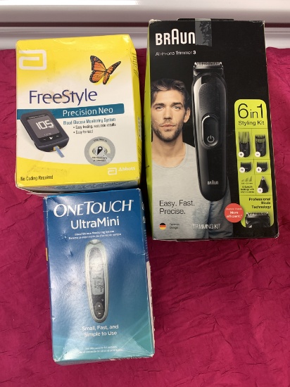 3- New Assorted Items 1- Freestyle Boold Monitor, 1- Onetouch Blood Monitor, 1- Braun All in One Tri