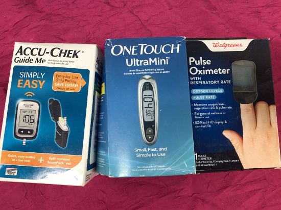 3- New Assorted Items 1- Accu Chek Blood Monitor, , 1- Pule Oximeter, 1- Onetouch Blood Monitor