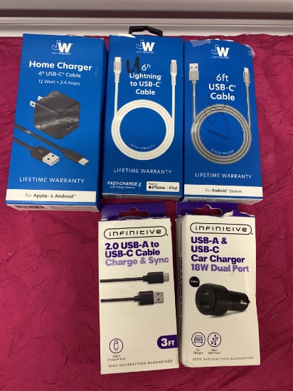 5- New Phone Items 3- Chargers, 1- Car Chargers, 1- Home Charger