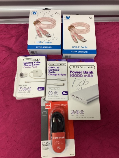 6- New Phone Items 4- Chargers, 1- Power Bank, 1- Combo Pack Cable &Charger