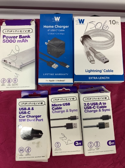 5- New Phone Items 1-JW HomeChartgers, 1- Car Charger Dual Port, 1- Power Bank, 2- Charging Cables,