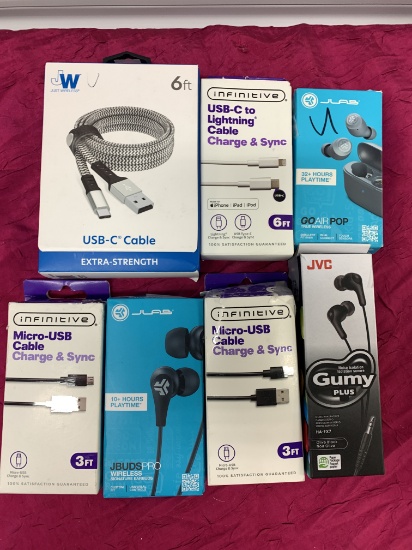 7- New Phone Items 3- Ear Buds, 4- Charging Cables