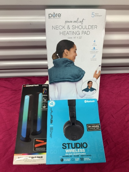 3- New Assorted Items 1- Pure Neck & Sholder Heating Pad, 1-Monster Light Bar, 1- Bluetooth Wireless