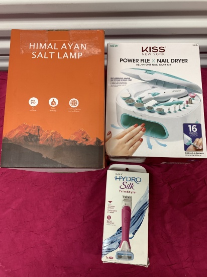 3- New Assorted Items 1- Schick Hydro Silk Trim Style, 1- Himalayan Salt Lamp, 1- Kiss Power File &