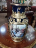 Large Blue and Gold Vase with Victorian Scene - 16 inches