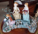 Three girls on foot bridge with dog - Large Porcelain - 15 x 19 inches