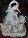 Lady riding in Cart with Swans - Germany made Porcelain - 15 in.