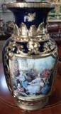 Large Blue and Gold Vase with Victorian Scene - 16 inches