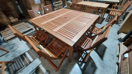 59" x 59" Outdoor Dining Table With (8) Folding Wood Chairs