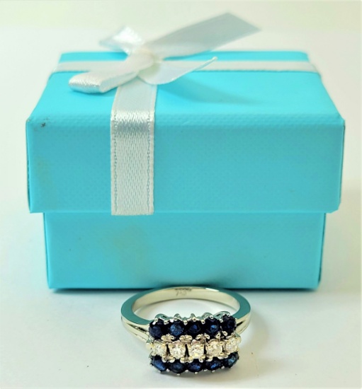 Vintage 18k White Gold DIamond with Sapphires Ring