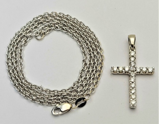 Cute Child's 14k White Diamond Cross and Necklace