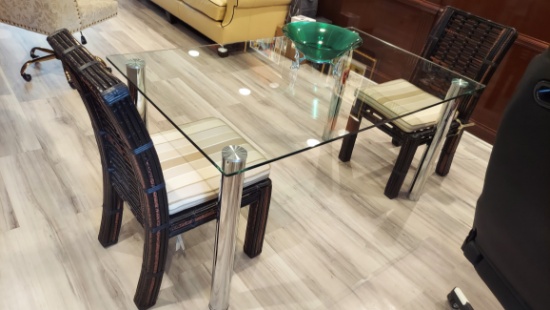 59" x 36" Glass Top Table with (2) Bamboo Armless Chairs