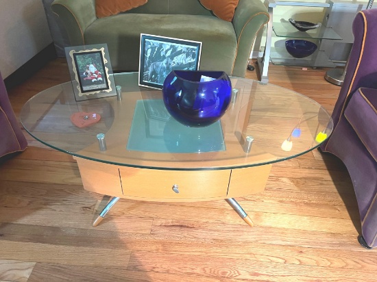 Oval Cocktail Table, Oak and Glass, 52" X 28"