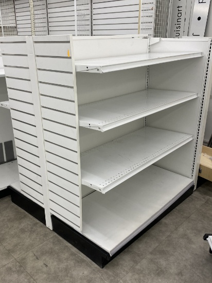 Double sided Gondola, shelving island, display racks with metal shelves slat wall, end caps and moun