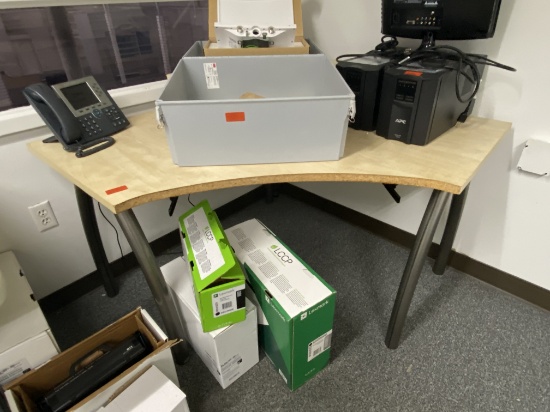 Corner style computer, desk with metal legs and light wood top
