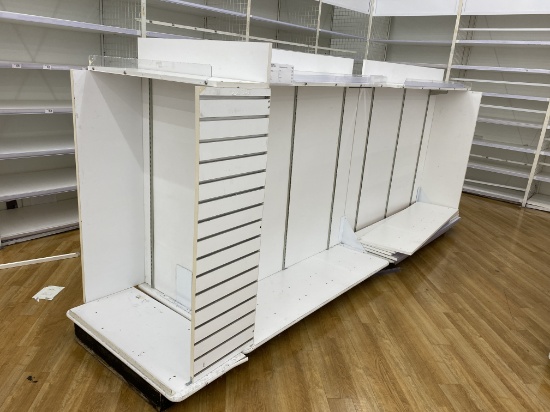 8 foot double sided retail store displays with shelving and endcap sales center. These units have al