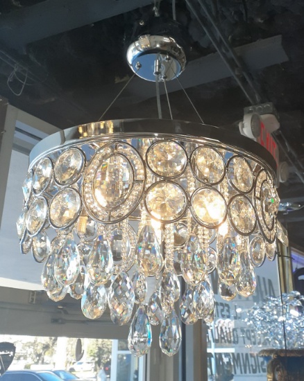 Chrome and Crystal Round Chandelier - 15 inches diameter