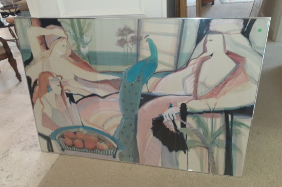 Sandy Marchetti - Watercolor - Reclining Nude and Peacock -Original - 40.5 x 60 in framed