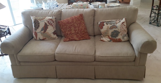 Beige Cloth Sofa with pillowsby Sherhill - good condition - 84 in long