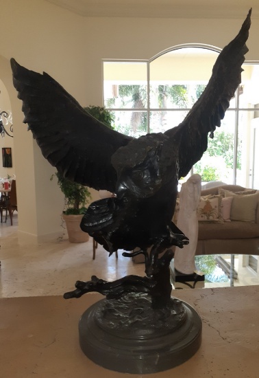 Large Bronze Owl by Moigniez on Marble base - 38 inches tall