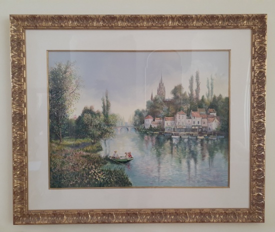 People on boat in canal by Maxwell Parsons - Litrograph framed - limited ed - 170/295 - 44 x55 L