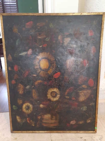 Original Oil by  T. H. Auge - Flower Pot - 36 in x 46.5 inches -moderate crackling of paint