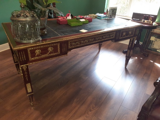 Heavily Ornate Desk with Metal on wood with leather top - small issues -34 x 72 inches