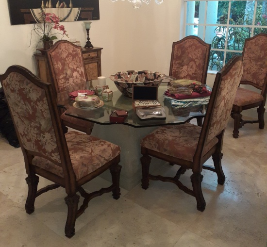 Designer Dining room set - Table Sculptured glasstop and 4 chairs