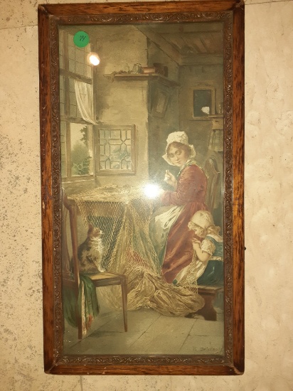 Antique print - woman knitting - small issue y M. Delacrois