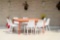 BRAND NEW OUTDOOR 100% FSC SOLID WOOD SQUARE TABLE WITH 8 STACKING WHITE RECYCLED RESIN CHAIRS - ORI