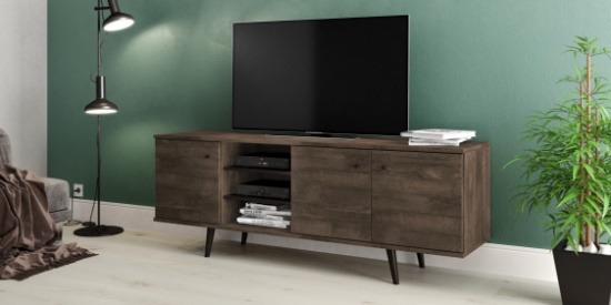 BRAND NEW WOOD 71W x 18L x 26H TV STAND IN OAK COLOR WITH 3 CABINETS AND SHELVES - ORIGINAL PACKAGIN
