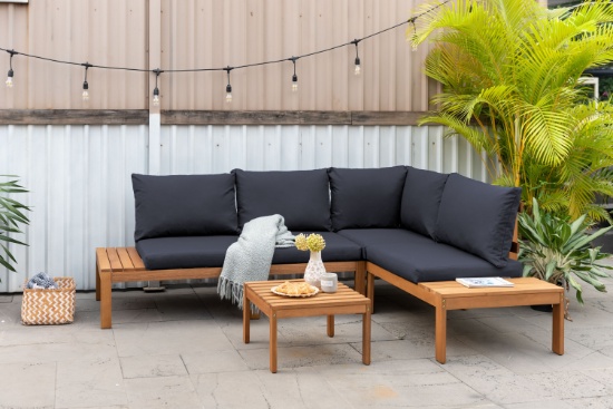 BRAND NEW OUTDOOR 100% FSC SOLID TEAK WOOD FINISH SEATING SET WITH BLACK CUSHIONS - ORIGINAL PACKAGI