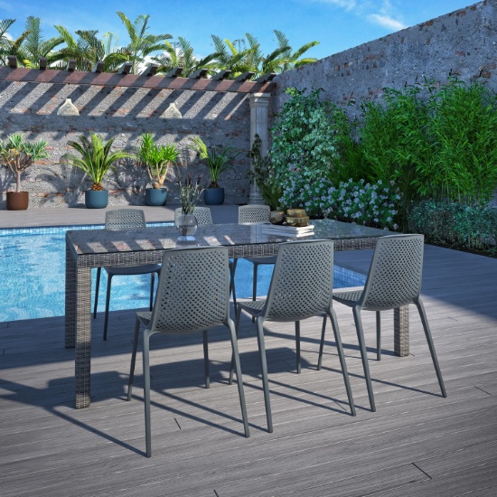 BRAND NEW OUTDOOR SYNTHETIC WICKER TABLE 83" x 43" WITH GLASS TOP + 6 RESIN STACKING CHAIRS GREY - O