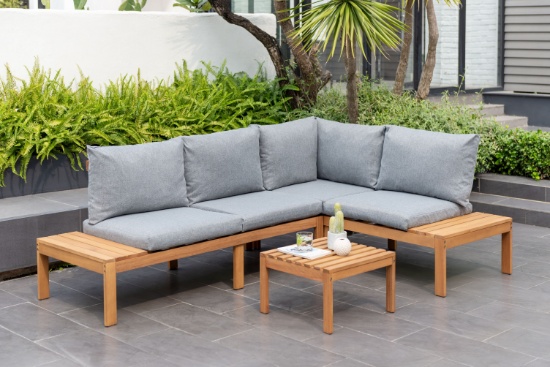 BRAND NEW OUTDOOR 100% FSC SOLID TEAK WOOD FINISH SEATING SET WITH GREY CUSHIONS - ORIGINAL PACKAGIN
