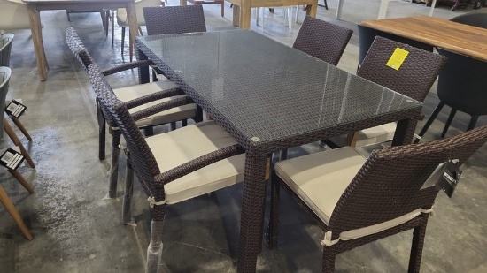 OPEN BOX - BRAND NEW OUTDOOR Brown Synthetic Wicker 63" x 35" Table With Glass Top and 6 Stacking  C