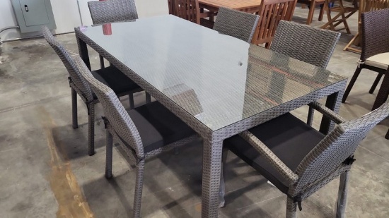 OPEN BOX - BRAND NEW OUTDOOR Grey Synthetic Wicker 78" x 35" Table With Glass Top and 6 Stacking  Ch