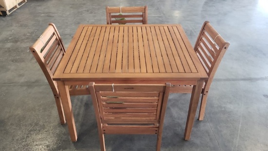 OPEN BOX - BRAND NEW OUTDOOR 100% FSC SOLID WOOD TABLE WITH 4 STACKING CHAIRS