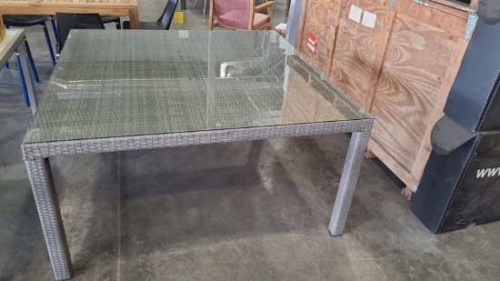 OPEN BOX - BRAND NEW OUTDOOR GREY SYNTHETIC WICKER & ALUMINUM TABLE WITH GLASS TOP 59'" X 59"