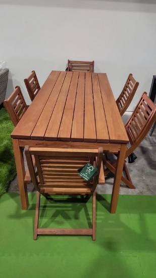 OPEN BOX - BRAND NEW OUTDOOR  83â€ x 33â€ 100% FSC Solid Wood Table with 6 Folding Chairs