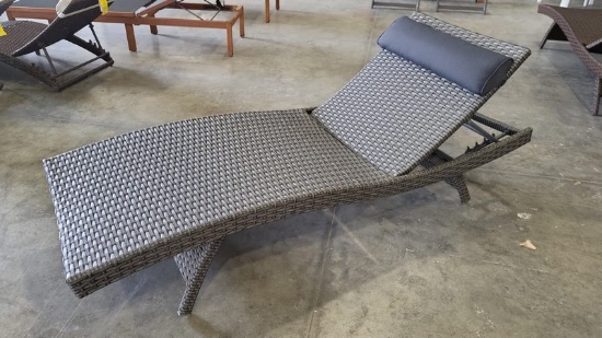 BRAND NEW OUTDOOR GREY SYNETHTIC WICKER/ALUMINUM FOLDING CHAISE LOUNGER WITH HEAD CUSHION - ORIGINAL