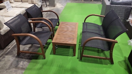 BRAND NEW 4-PIECE OUTDOOR 100% FSC SOLID WOOD AND BLACK SLING CONVERSATION SET - ORIGINAL PACKAGING