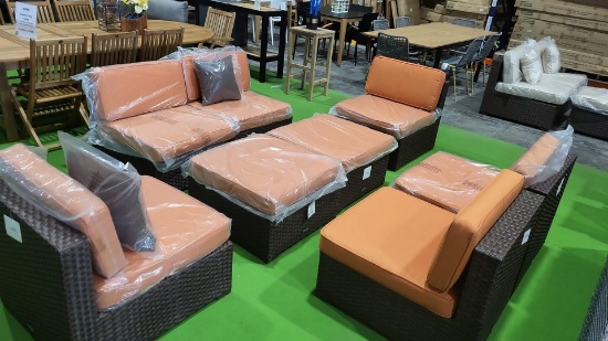 BRAND NEW 8-PIECE  OUTDOOR SYNTHETIC WICKER & ALUMINUM FRAME WITH ORANGE CUSHIONS - ORIGINAL PACKAGI