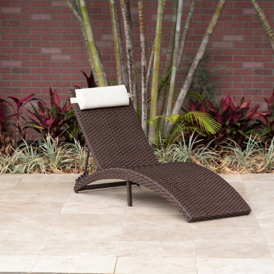 BRAND NEW OUTDOOR BROWN SYNETHTIC WICKER/ALUMINUM FOLDING CHAISE LOUNGER WITH HEAD CUSHION - ORIGINA