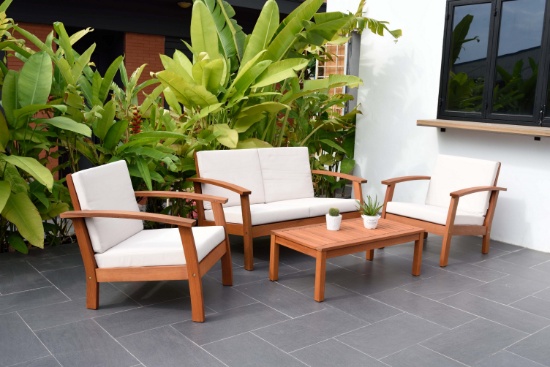 BRAND NEW OUTDOOR 100% FSC SOLID WOOD 4 PIECE CONVERSATION SET WITH WHITE CUSHIONS - ORIGINAL PACKAG